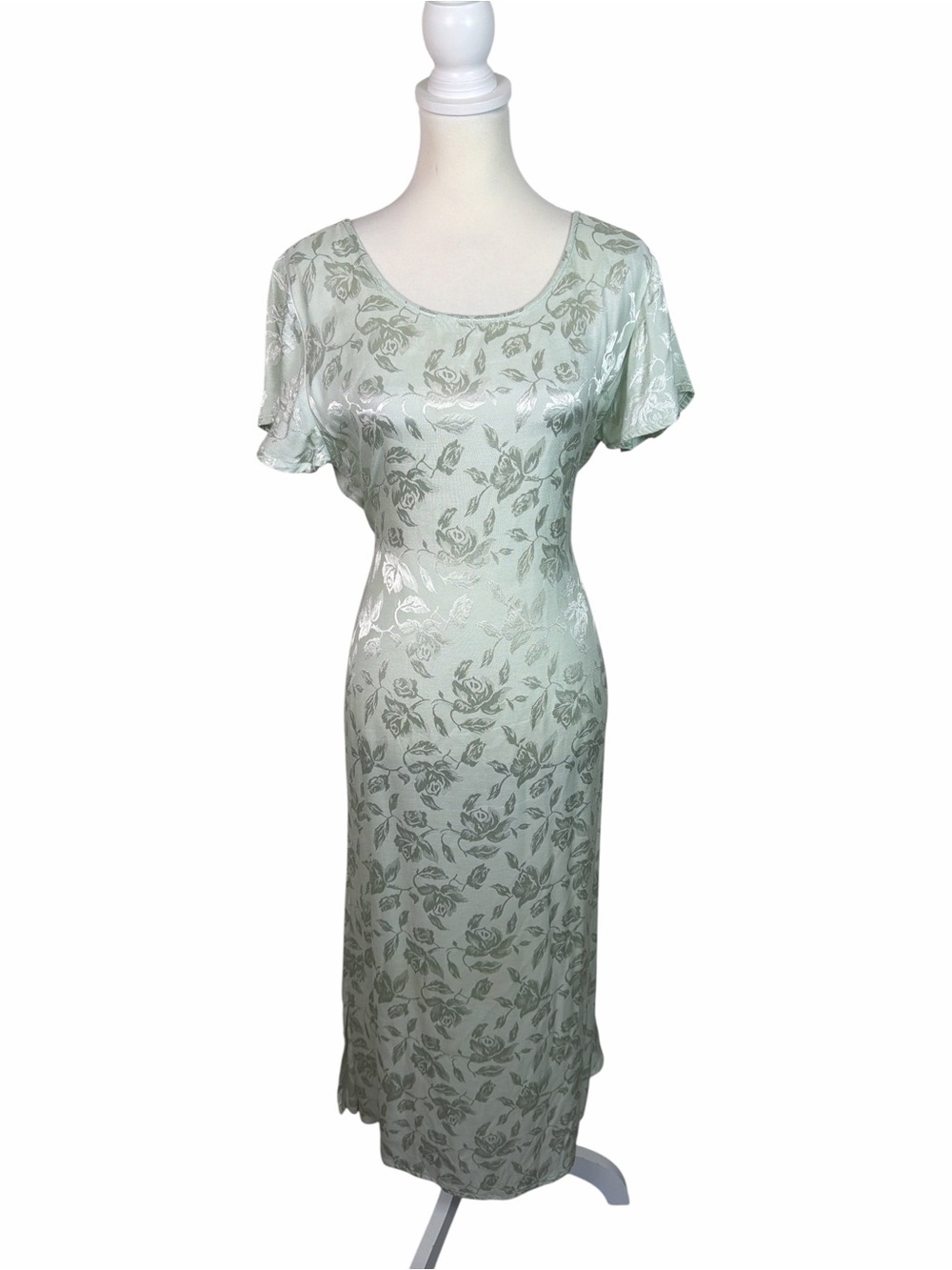 Style Studio Sage Green Rose Jacquard Maxi Dress Size Large Satin Cottagecore